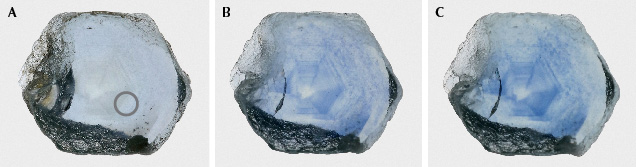 Figure 49. The sapphire in example 4, measuring 8.1 × 6.5 mm: unheated (A), heated to 1700°C and slowly cooled (B), and heated to 1700°C and rapidly cooled (C), showing a deeper blue color with rapid cooling. The gray circle shows the area of analysis. Photos by Aaron Palke. Figure 49. The sapphire in example 4, measuring 8.1 × 6.5 mm: unheated (A), heated to 1700°C and slowly cooled (B), and heated to 1700°C and rapidly cooled (C), showing a deeper blue color with rapid cooling. The gray circle shows the area of analysis. Photos by Aaron Palke.