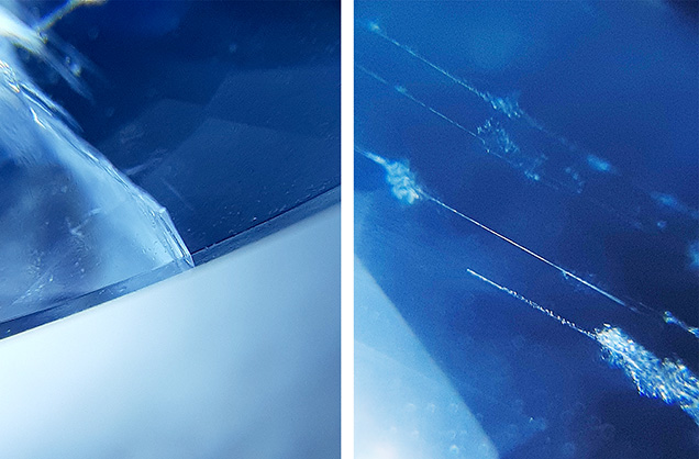 Figure 3. Left: The aquamarine−white beryl boundary. Right: Beryl channels parallel to aquamarine’s c-axis in the blue portion of the bicolor beryl. Photomicrographs by Marina Boncompagne; field of view 10.00 mm.