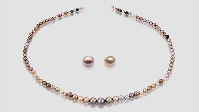 Figure 1. Two loose pearls from windowpane oysters submitted to the Bangkok laboratory and a mixed strand containing mostly windowpane and Pteria species pearls submitted to the New York laboratory. Photo by Jian Xin (Jae) Liao.