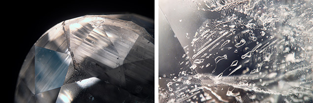 Figure 2. A rare gem-quality viitaniemiite shows angular growth (left) and a plane of irregular two-phase inclusions (right). Photomicrographs by Suwasan Wongchacree; fields of view 6.51 mm (left) and 2.32 mm (right). Figure 2. A rare gem-quality viitaniemiite shows angular growth (left) and a plane of irregular two-phase inclusions (right). Photomicrographs by Suwasan Wongchacree; fields of view 6.51 mm (left) and 2.32 mm (right).