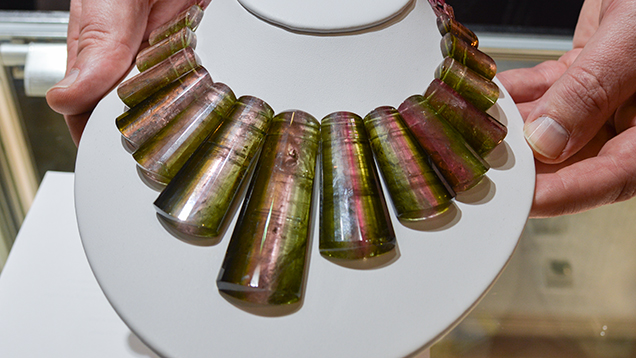 A unique parti-color Brazilian tourmaline necklace. A unique parti-color Brazilian tourmaline necklace.