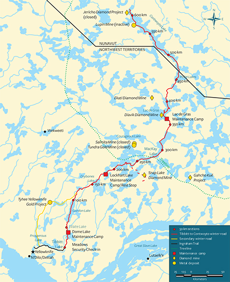 Map of the arctic ice road through Diavik. Figure C-1. This map, taken from Braden (2011), shows the arctic ice road that extends north from Yellowknife.