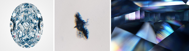HPHT-treated blue diamond (left) with ragged-looking graphitization around an inclusion (center) and high-order interference colors with crossed-polarizing filters (right).