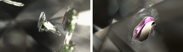 Green diopside (left) and purplish pink pyrope garnet (right) inclusions in diamond.