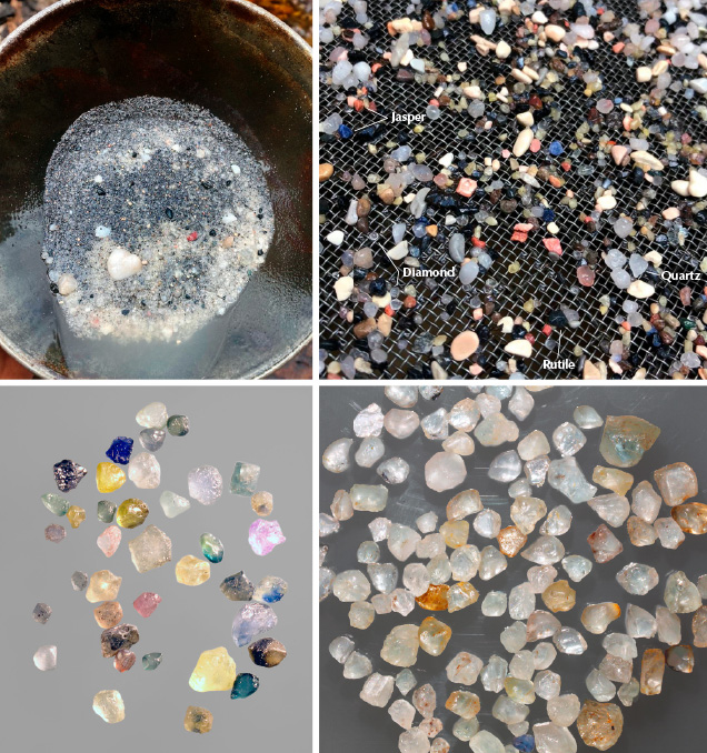 Guyanese artisanal miners prospect along riverbanks for locally specific indicator minerals, including quartz, jasper, and rutile.