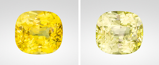 Highly saturated yellow hue (left) before fade test and pale yellow (right) after the test. Highly saturated yellow hue (left) before fade test and pale yellow (right) after the test.