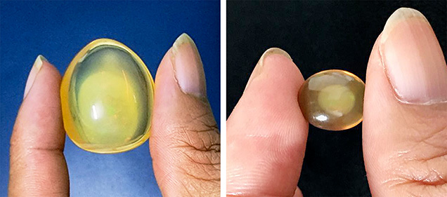 Figure 2. There is no significant visual difference between an untreated Ethiopian natural phantom opal (left, 35 ct) and a treated phantom opal (right, 6 ct). Photos by Le Ngoc Nang. Figure 2. There is no significant visual difference between an untreated Ethiopian natural phantom opal (left, 35 ct) and a treated phantom opal (right, 6 ct). Photos by Le Ngoc Nang.