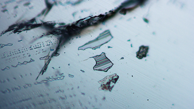 Figure 2. Thin-film liquid inclusions and visible internal tubes parallel to the c-axis with spectral interference colors were observed in the aquamarine samples. Photomicrograph by Yubing Chen; field of view 0.70 mm.