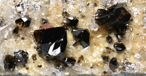 Figure 5. A cluster of transparent cassiterite crystals on the wall of a fissure vein in greisenized granite from Yunling. The presence of geniculate twins can be clearly observed at the twin interfaces, indicated by arrows. The mineral assemblage within the fissure veins consists of mica plates, cassiterite, and quartz. Some pyrite crystals with signs of ferritization are also found, though they are relatively minor. Photo by Junyi Pan; field of view 4.6 cm.
