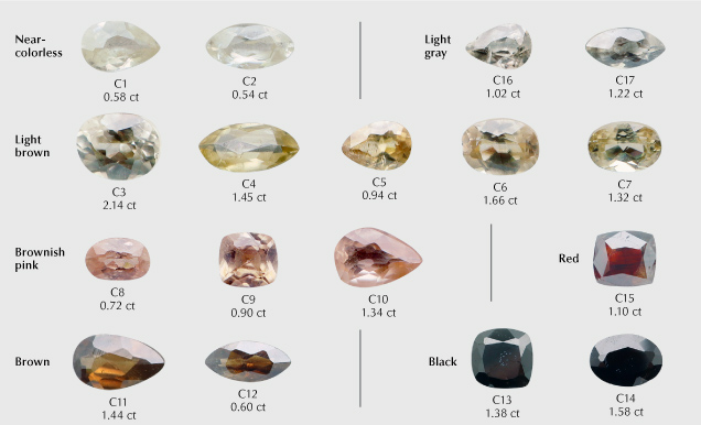 Figure 6. The 17 faceted cassiterite samples from the Yunling mine (0.54–2.14 ct) examined in this study. They represent the seven color groups of cassiterite from this deposit. Photos by Wenqing Huang.