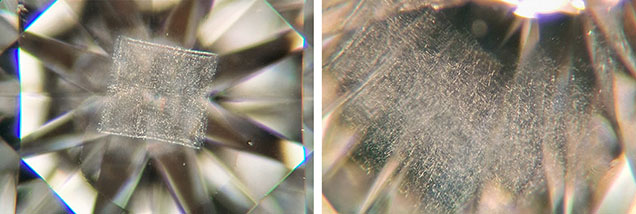 Left: Table-up view of a 0.34 ct round brilliant with SI2 clarity possessing a square-shaped cloud; field of view ~2.9 mm. Right: When viewed through the pavilion, the cloud feature appears much less ordered; field of view ~1.6 mm. Photomicrographs by Deepak Raj.