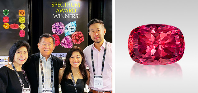 Figure 1. Ben Kho (second from left) fashioned this 12.88 ct Portuguese cushion-cut rhodochrosite from Colorado’s Sweet Home mine (right) to win both the 2024 AGTA Cutting Edge Buyer’s Choice Award and second place in the North American Gemstones category. Photo by Jeff Mason Photography (right); courtesy of Ben Kho. Figure 1. Ben Kho (second from left) fashioned this 12.88 ct Portuguese cushion-cut rhodochrosite from Colorado’s Sweet Home mine (right) to win both the 2024 AGTA Cutting Edge Buyer’s Choice Award and second place in the North American Gemstones category. Photo by Jeff Mason Photography (right); courtesy of Ben Kho.