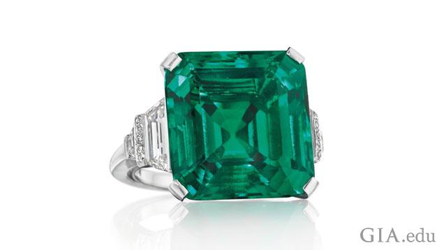 The Rockefeller Emerald is an 18.04 ct octagonal step cut emerald set in a ring and flanked by diamonds. The Rockefeller Emerald is an 18.04 ct octagonal step cut emerald set in a ring and flanked by diamonds.
