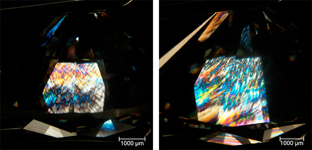 Stress patterns in large CVD synthetic diamonds
