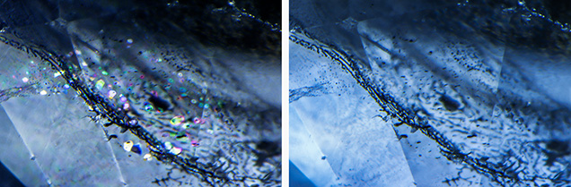 Birefringent crystals in a sapphire treated with heat and pressure