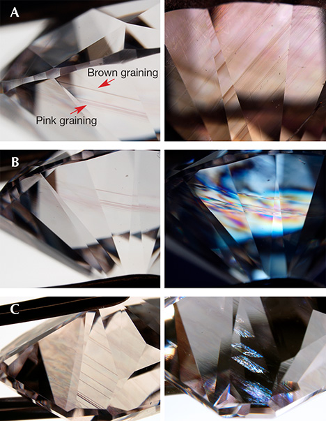 Pink diamonds exhibiting both pink and brown graining Pink diamonds exhibiting both pink and brown graining