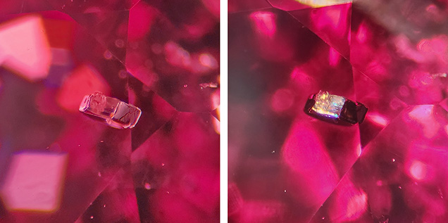 A crystal inclusion in red spinel shown in darkfield illumination (left) and fiber-optic lighting (right). Photomicrographs by Isabelle Corvin; field of view 1.78 mm. A crystal inclusion in red spinel shown in darkfield illumination (left) and fiber-optic lighting (right). Photomicrographs by Isabelle Corvin; field of view 1.78 mm.
