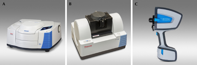 Figure 3. Commercial FTIR instruments include research-grade benchtop devices by manufacturers such as Thermo Fisher (A), Shimadzu, Bruker, and others; smaller and portable desktop instruments such as the GIA DiamondCheck (B); and a few handheld devices such as the one made by Agilent (C). Courtesy of Thermo Fisher Scientific (A) and Agilent Technologies, Inc. (C).