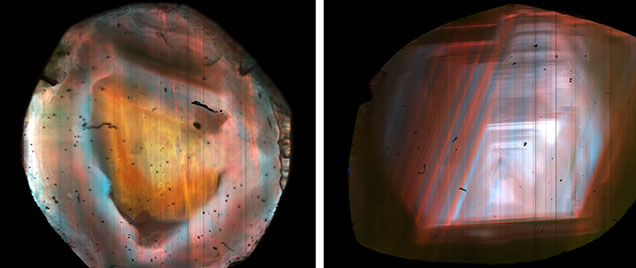 Two close-up images of mineral samples, showcasing vibrant colors and intricate patterns against a dark background. Two close-up images of mineral samples, showcasing vibrant colors and intricate patterns against a dark background.