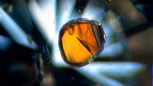 Figure 8. This transparent orange almandine pyrope garnet typifies an eclogitic origin for its host diamond. Photomicrograph by John I. Koivula; field of view 3.6 mm.