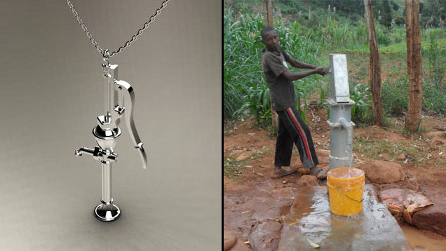 Jewelers for Water’s sterling silver necklace, left, designed by Thomas Kurilla and manufactured by Hoover & Strong, was inspired by a water pump, right. Sold by local, brick-and-mortar jewelry stores on the East Coast, proceeds from sales of the necklace benefit Jewelers for Water’s clean water projects. Photo by Thomas Kurilla, courtesy Jewelers for Water Jewelers for Water’s sterling silver necklace, left, designed by Thomas Kurilla and manufactured by Hoover & Strong, was inspired by a water pump, right. Sold by local, brick-and-mortar jewelry stores on the East Coast, proceeds from sales of the necklace benefit Jewelers for Water’s clean water projects. Photo by Thomas Kurilla, courtesy Jewelers for Water