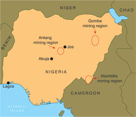 Map of Nigerian sapphire sources.
