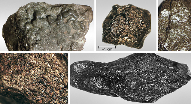 Melt marbles and flow patterns on carbonado