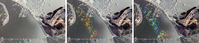 Photomicrographs showing iridescence in aquamarine.