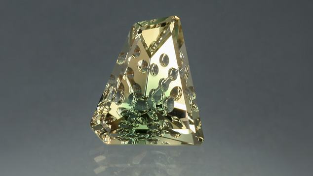 This “Dreamscape” fantasy-cut sunstone was created by gem designer John Dyer. – Lydia Dyer, Gem courtesy of John Dyer & Co.