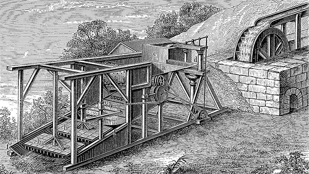 A black and white drawing of a large mining apparatus in the rural 1800