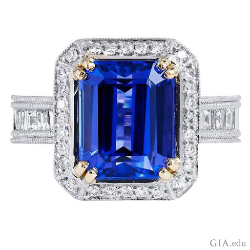A beautiful deep blue 4.91 carat tanzanite ring with diamonds shows off the December birthstone.